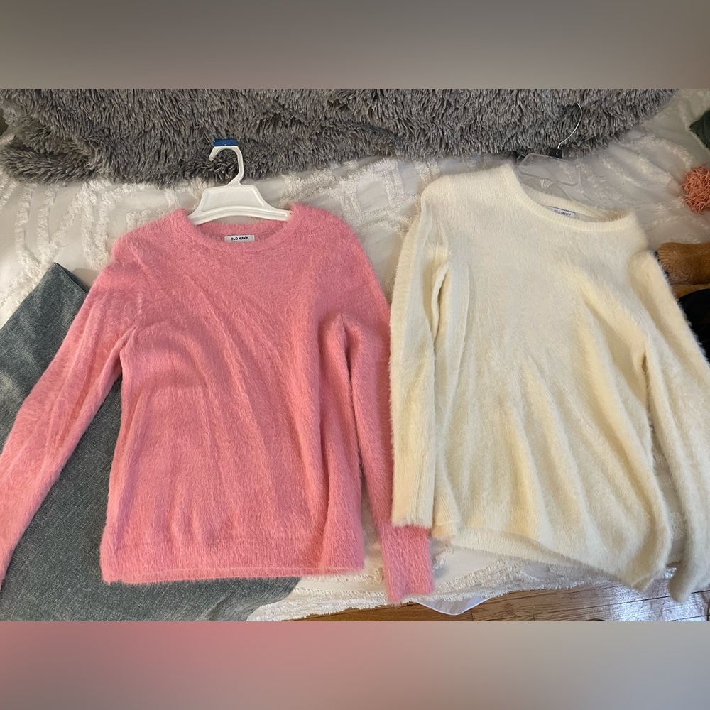 Old Navy fuzzy sweaters. Pink and/or white. $12 each.